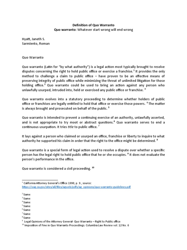 Definition of Quo Warranto PDF Lawsuit Virtue