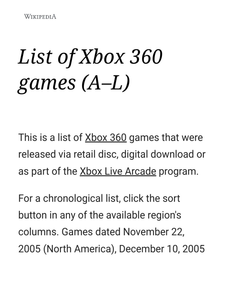 List of Xbox 360 Games (A-L) - Wikipedia, PDF, Xbox 360