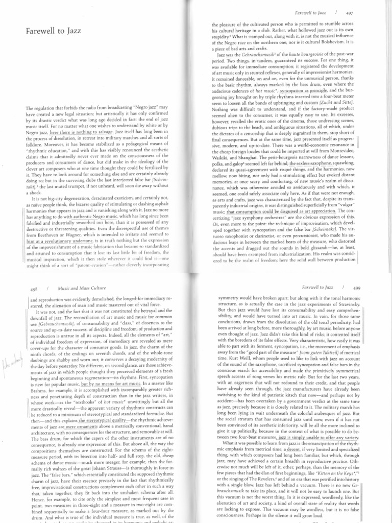 Adieu Au Jazz Adorno PDF Jazz Performing Arts