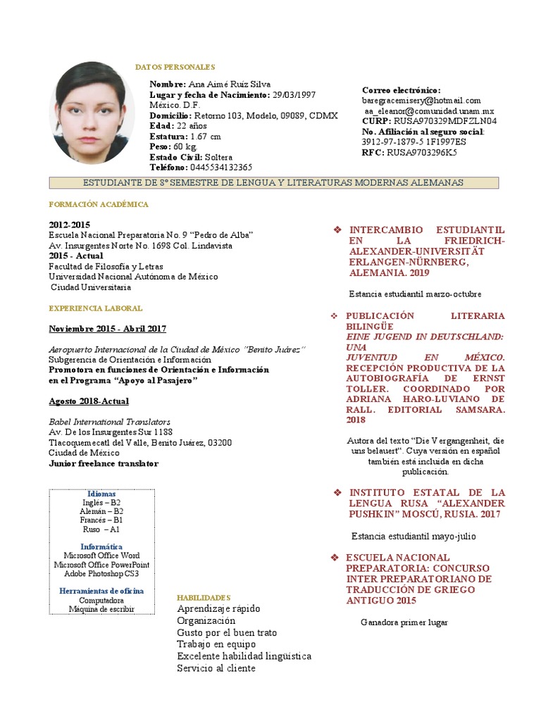 Estudiante de 8º Semestre de Lengua Y Literaturas Modernas Alemanas PDF Idiomas