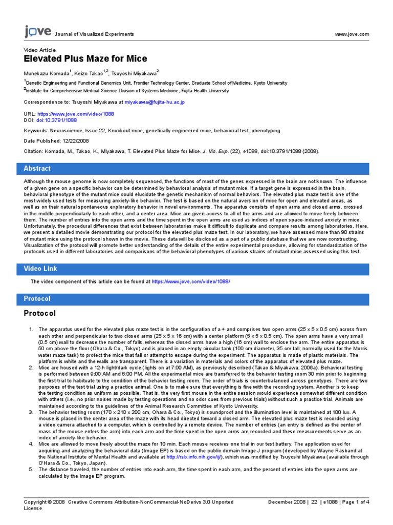 Elevated Plus Maze For Mice: Protocol | PDF | Biology | Neuroscience