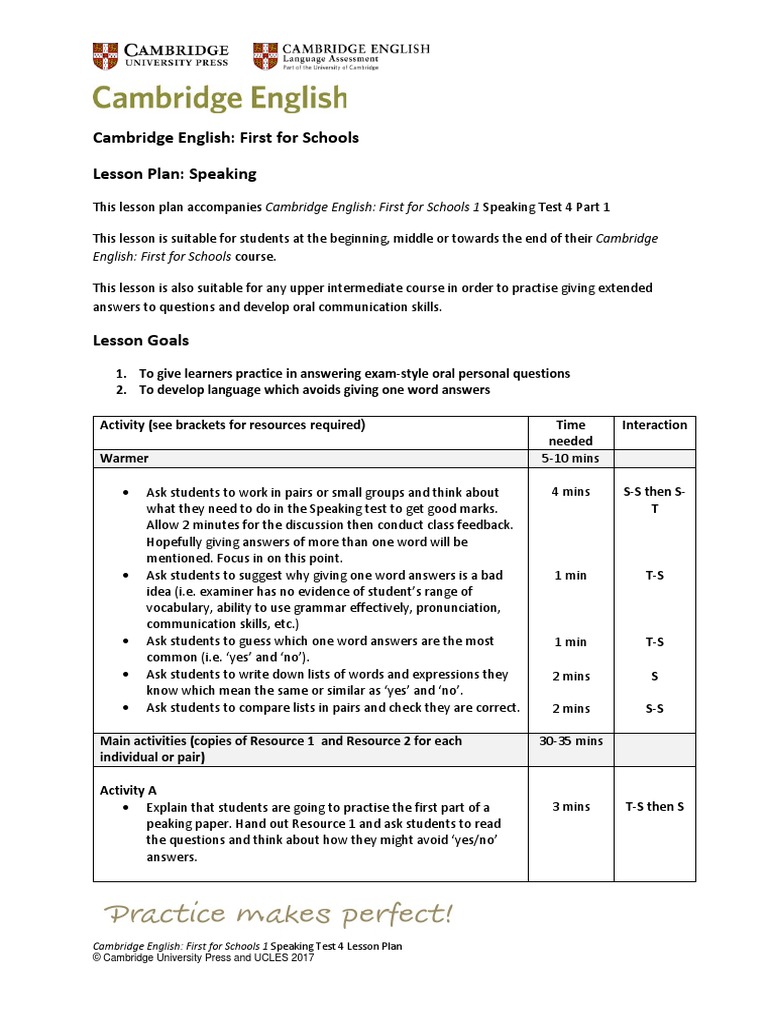 Cambridge English: First For Schools Lesson Plan: Speaking | PDF ...