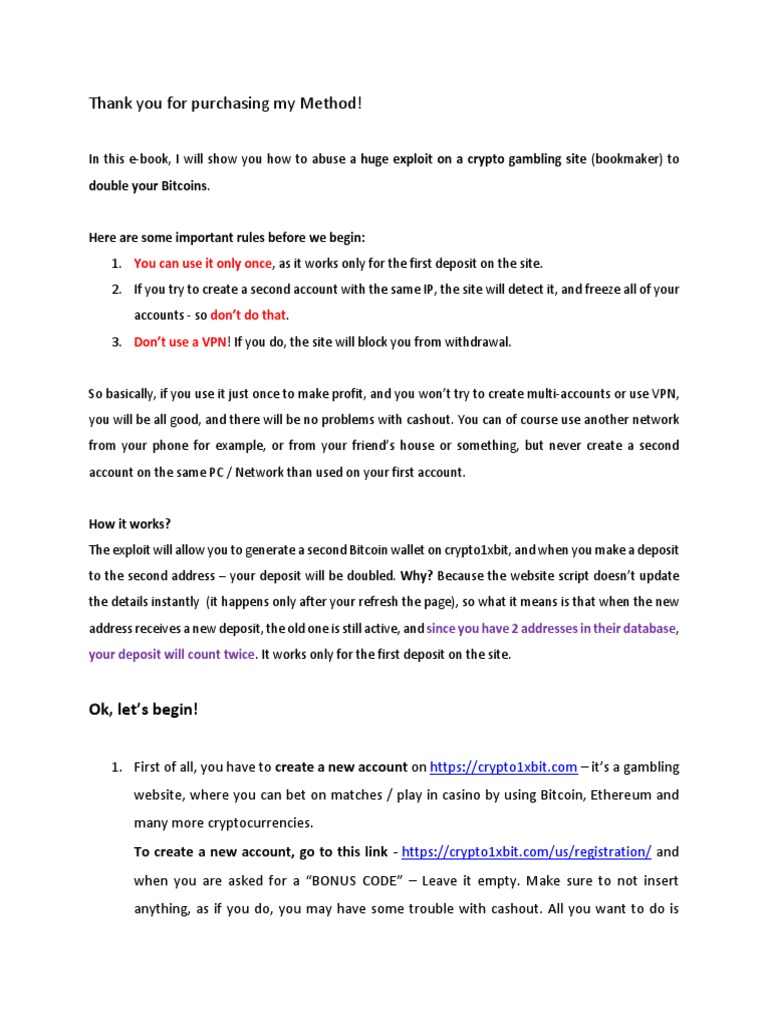 Thank You For Purchasing My Method!: Double Your Bitcoins | PDF | Bitcoin |  Gambling