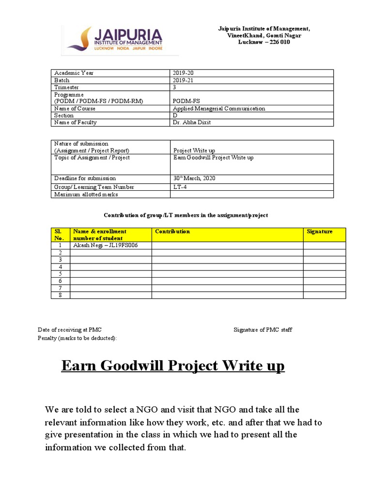 Earn Goodwill Project: NGO Insights | PDF | Happiness
