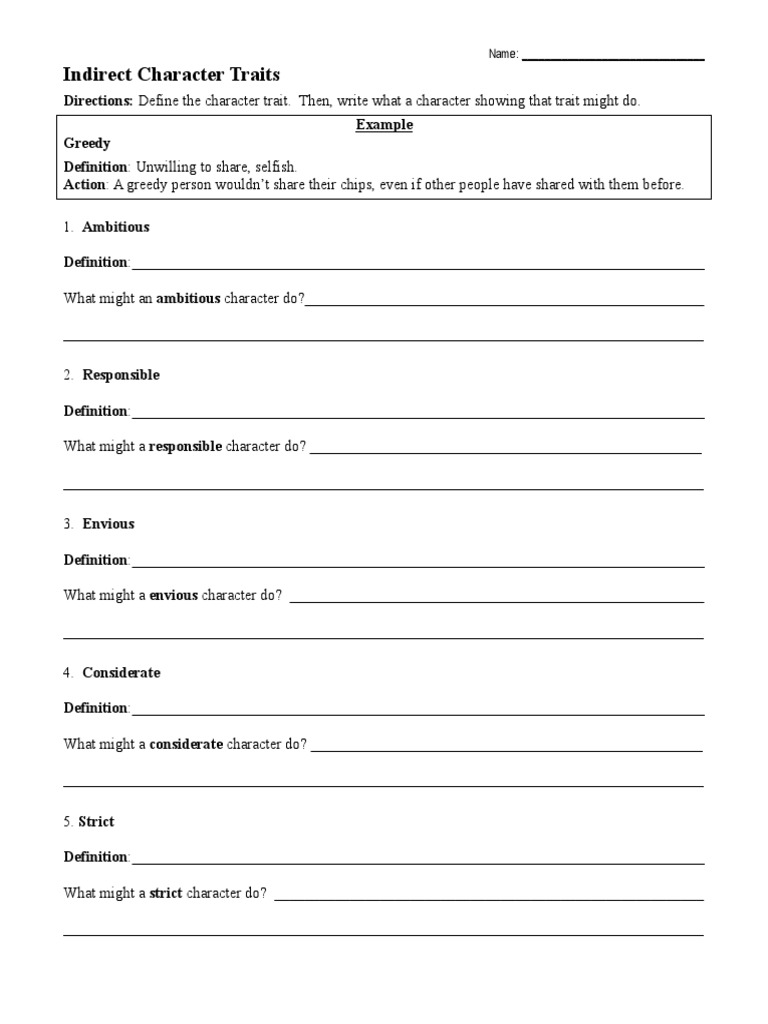 Indirect Character Traits Worksheet  PDF Regarding Character Traits Worksheet Pdf