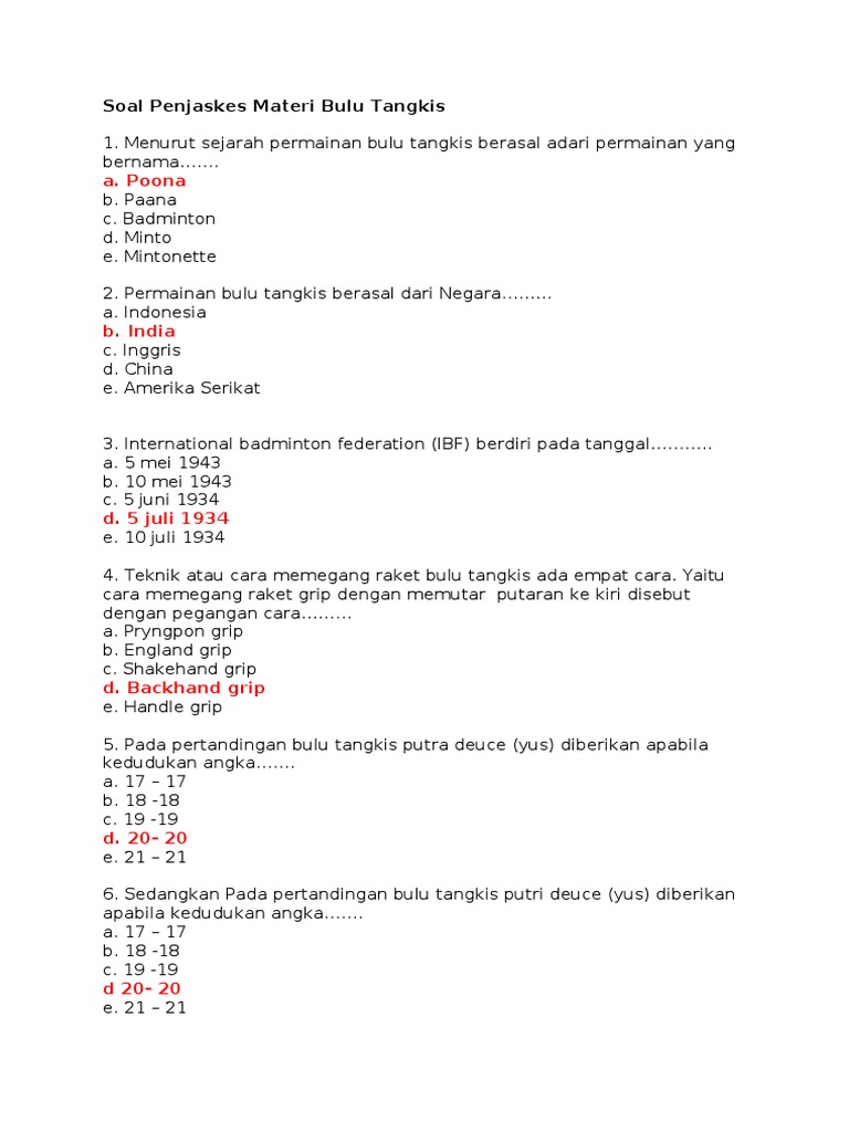 Soal Penjaskes Materi Bulu Tangkis