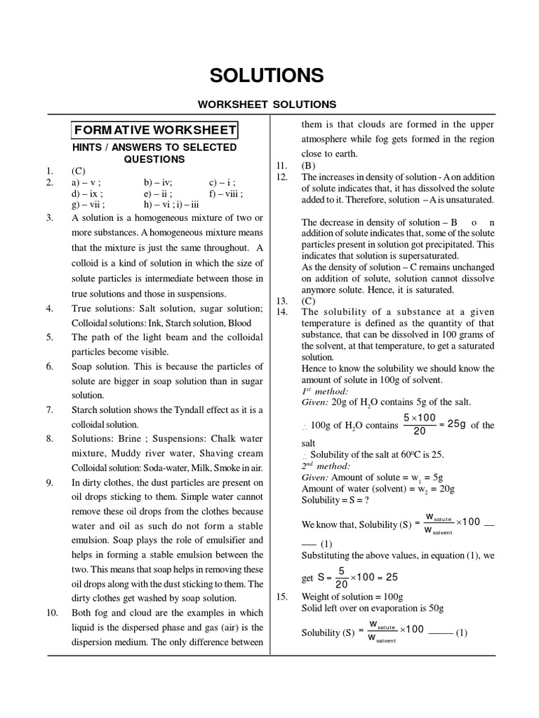 Worksheet Answers for Solutions | PDF | Solution | Mass Concentration ...