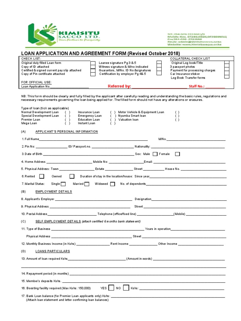 Loan Application and Agreement Form (Revised October 2018) | PDF ...