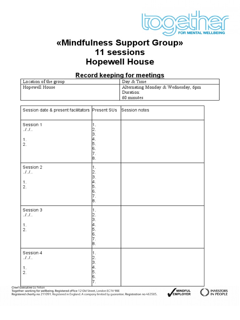 Mindfulness Support Group 11 Sessions Hopewell House: Record Keeping ...