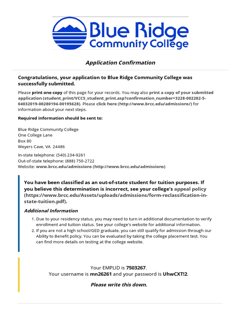Blue Ridge Community College - Application Confirmation Page | PDF |  Websites | Password