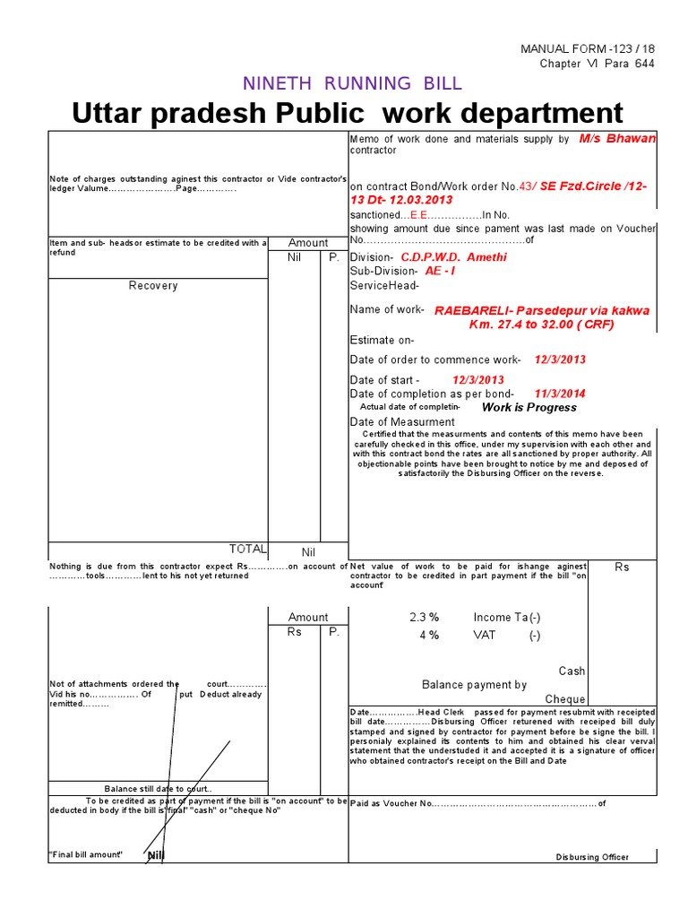 Uttar Pradesh Public Work Department: Nineth Running Bill | PDF ...