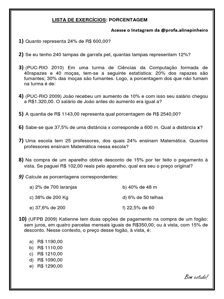 Lista de Exercício - PORCENTAGEM PDF | PDF