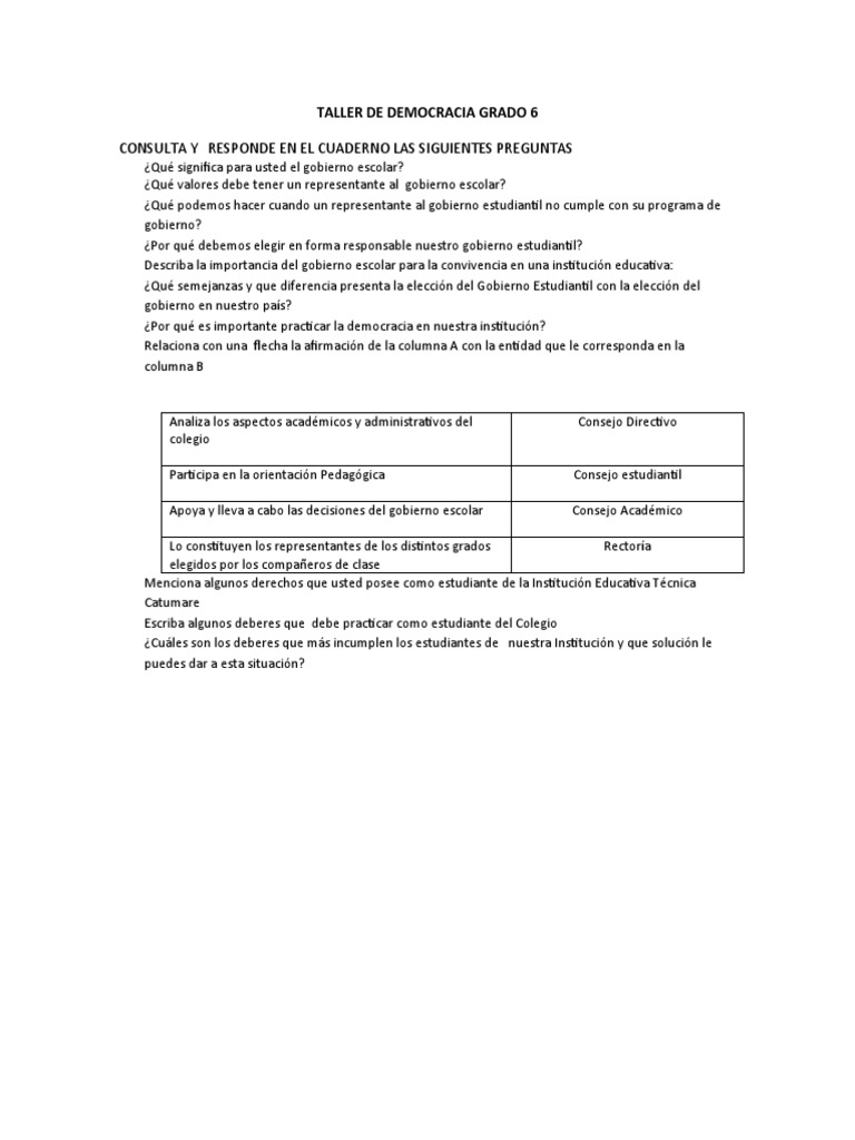 Taller de Democracia para Sexto Grado | PDF | Relaciones personales ...