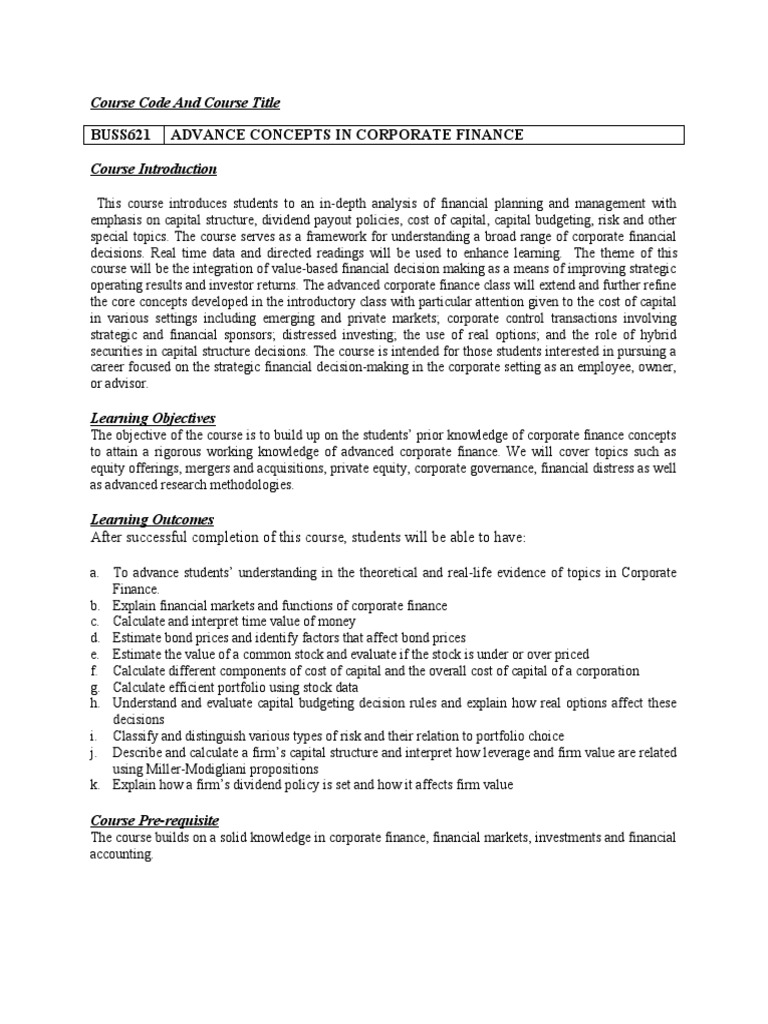 Advanced Corporate Finance Course Overview | PDF | Capital Structure ...