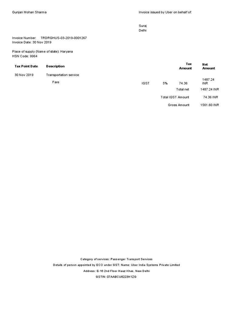 Uber Invoice for Passenger Transport | PDF