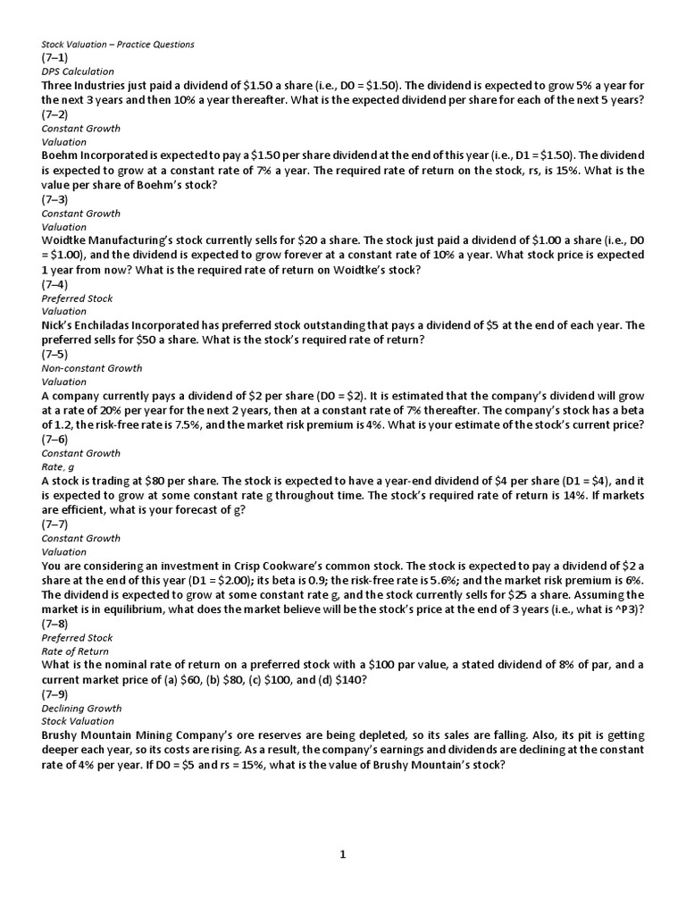Stock Valuation Practice Questions | PDF | Preferred Stock | Stocks