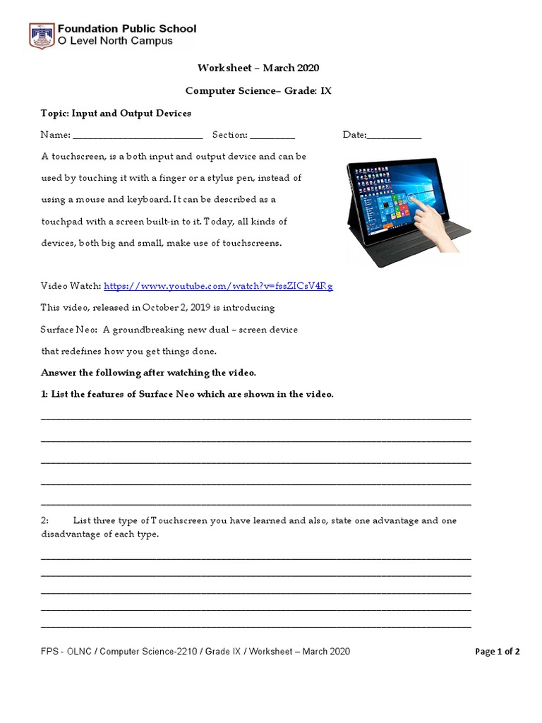 Worksheet - March 2020 Computer Science - Grade: IX: Topic: Input and ...