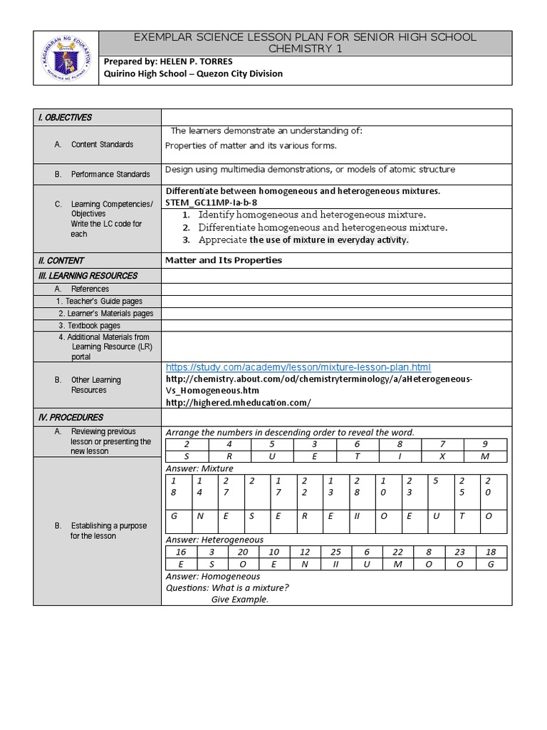 High School Chemistry Lesson Plan | PDF | Homogeneity And Heterogeneity ...