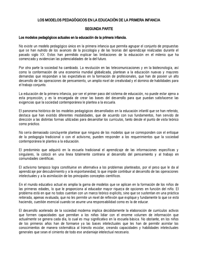Modelos Pedagógicos en Primera Infancia | PDF | Aprendizaje | Plan de ...
