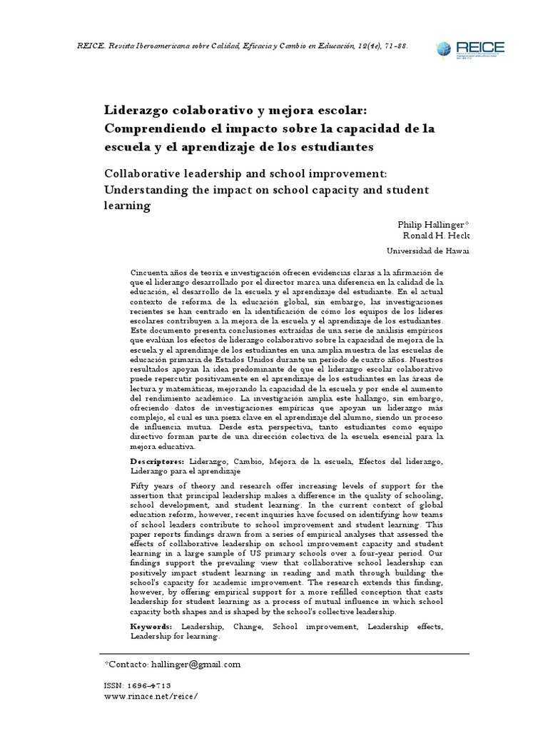 Liderazgo Colaborativo y Mejora Escolar | PDF | Liderazgo | Aprendizaje