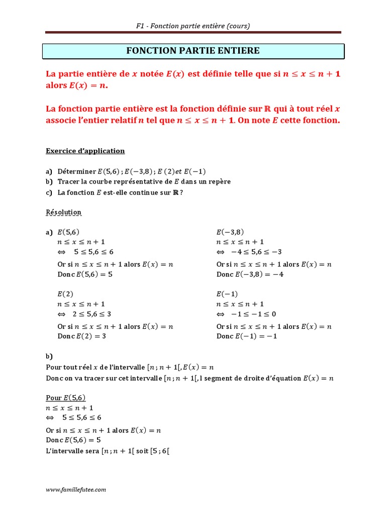 Fonction Partie Entière Définition et Propriétés PDF Méthodes et — free download