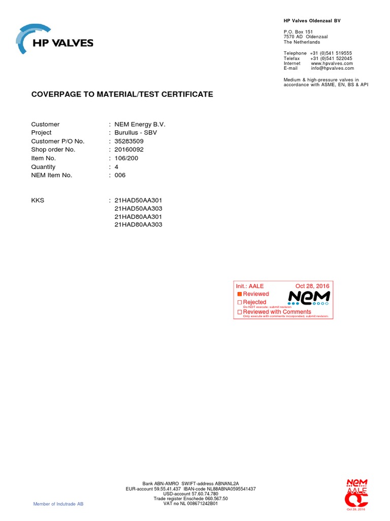 Coverpage To Material/Test Certificate PDF