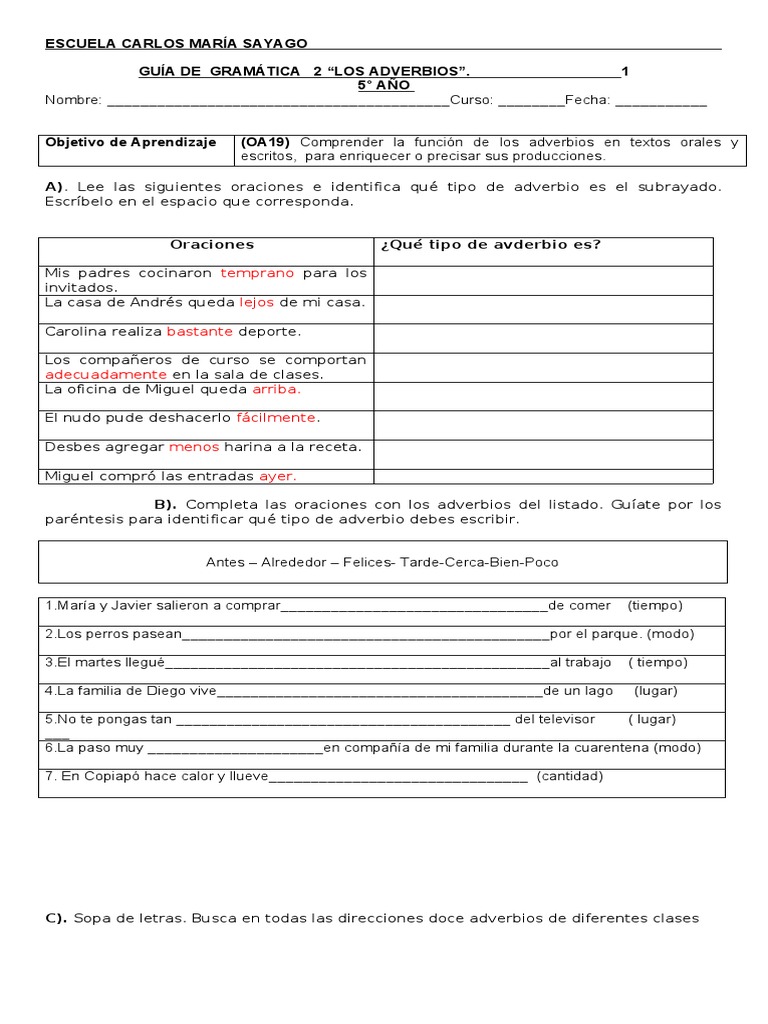 Guía de Adverbios para 5° Año | PDF | Adverbio | Gramática