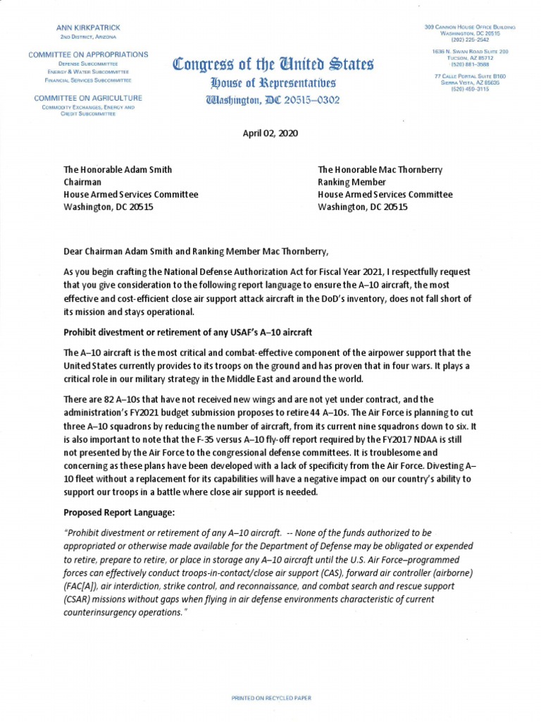 Kirkpatrick letter to the House Armed Services Committee Close Air
