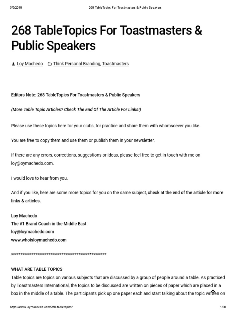 268 Tabletopics For Toastmasters Public Speakers Public Speaking