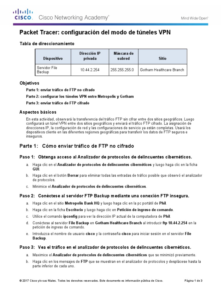 4.3.3.4 Packet Tracer Configuring VPN Tunnel Mode PDF PDF
