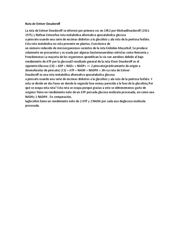 Ruta de Entner-Doudoroff: Metabolismo de Glucosa | PDF