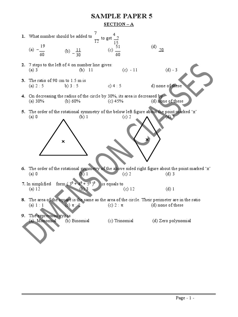 Math and Geometry Sample Paper Questions | PDF | Area | Geometry