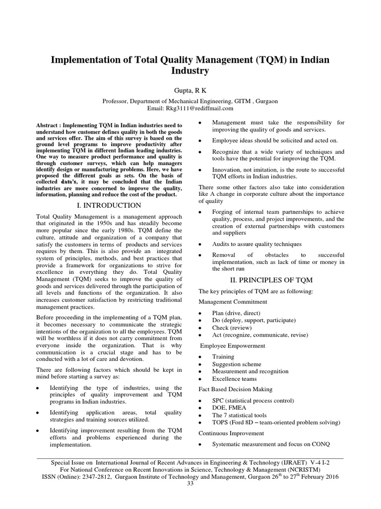 Implementation of Total Quality Management (TQM) in Indian Industry ...