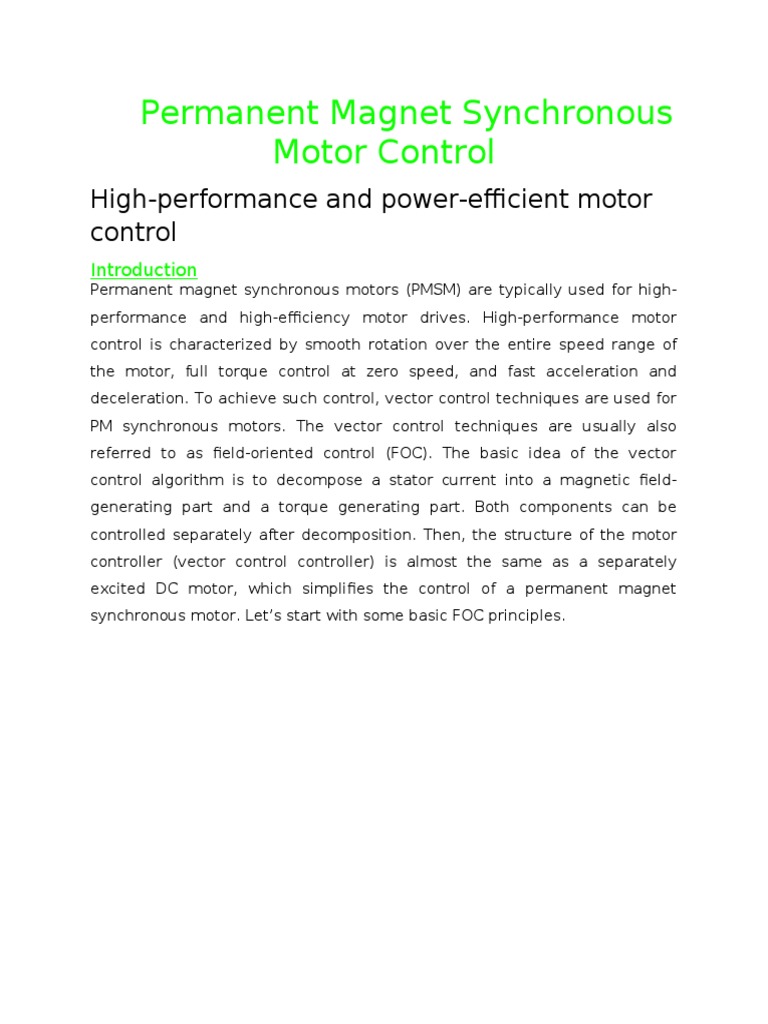 Permanent Synchronous Motor Control PDF Electric Motor Physics