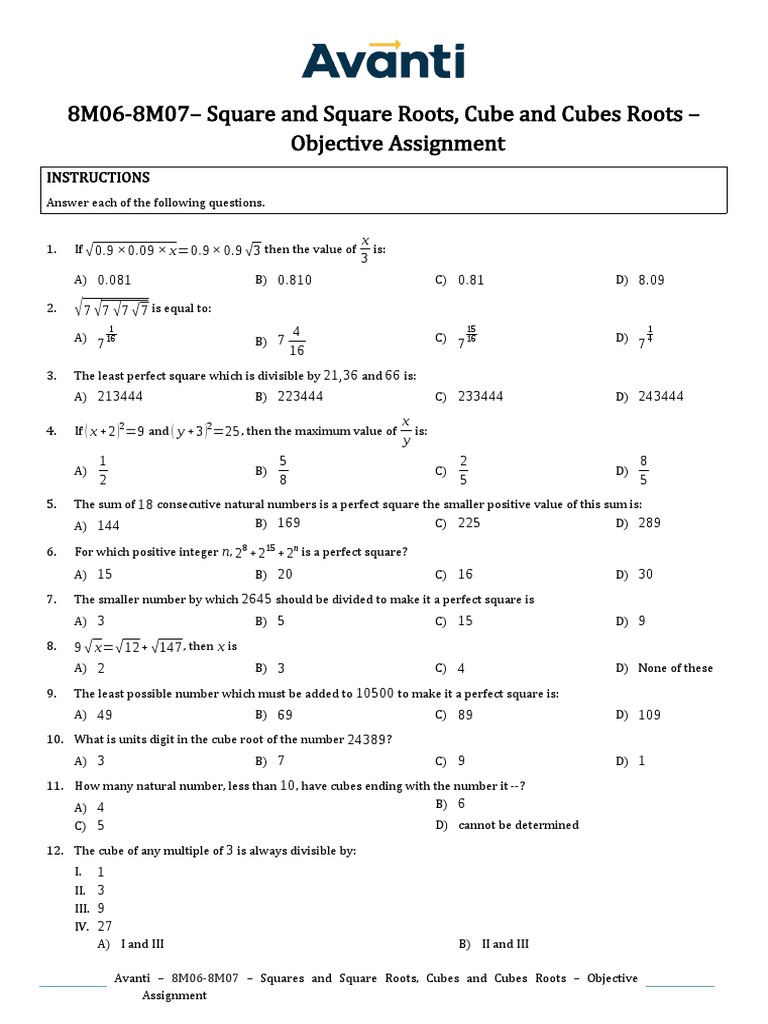 Square and Cube Roots MCQs for Exams | PDF | Numbers | Arithmetic