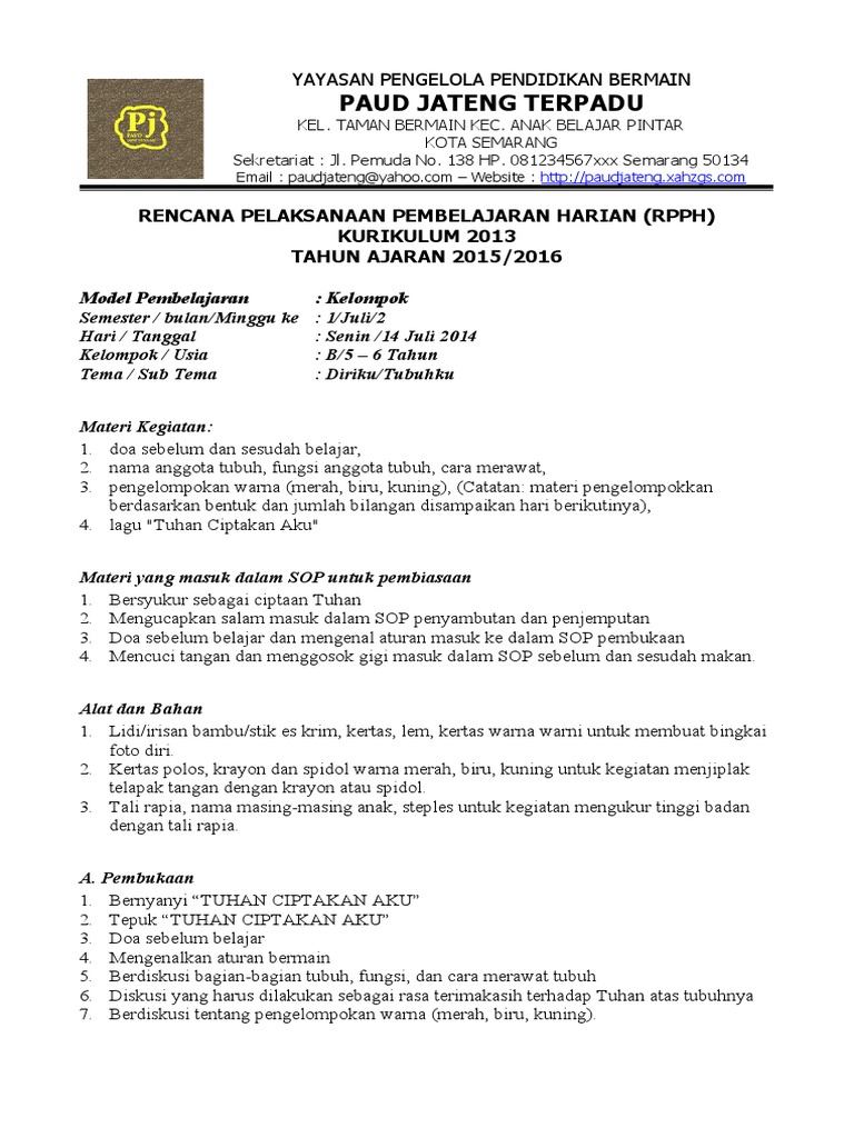 Contoh RPPH PAUD Kurikulum 2013 | PDF