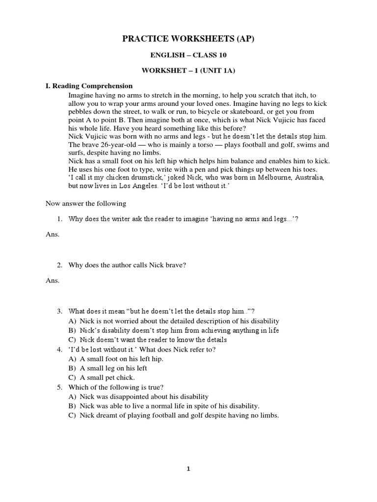 Eng. Worksheet - 1 For Class 10 English - AP PDF | PDF | Foreign ...