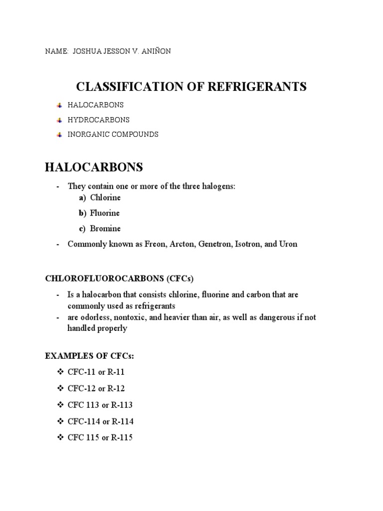 Classification of Refrigerants A) Chlorine B) Fluorine C) Bromine