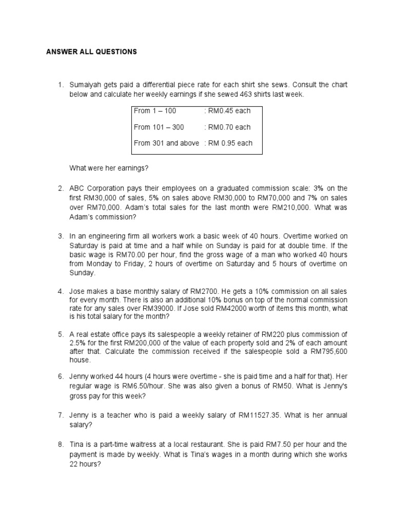 Tutorial Questions (Chapter 3) | PDF | Overtime | Piece Work