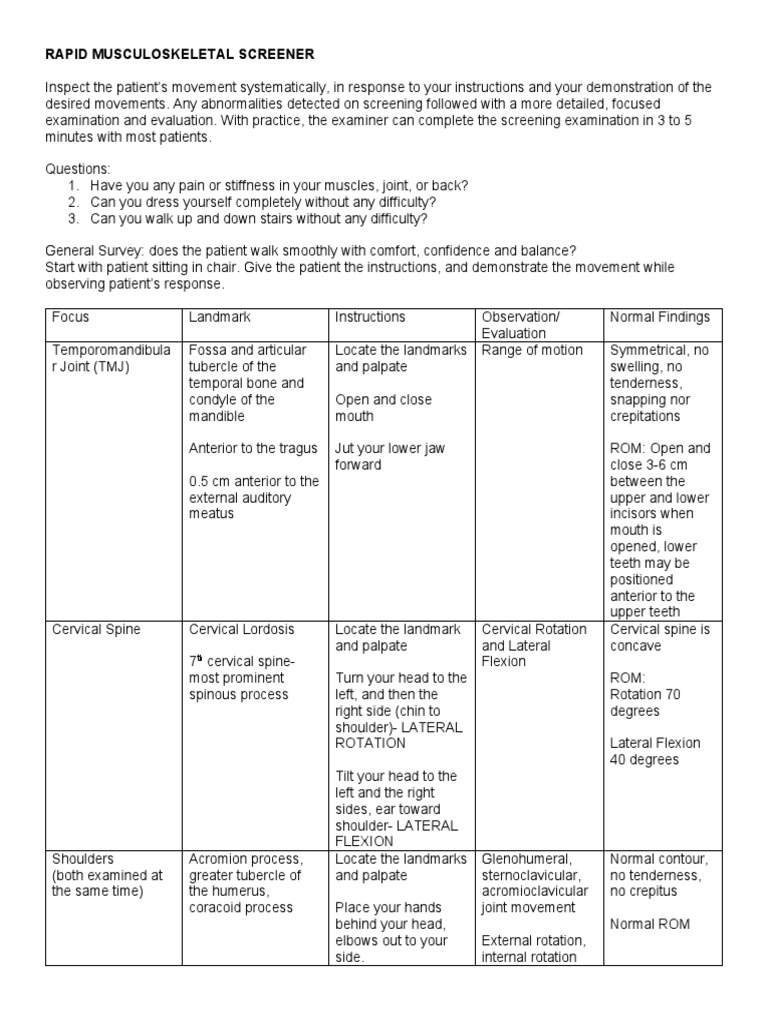 Rapid Musculoskeletal Screening Guide | PDF | Anatomical Terms Of ...