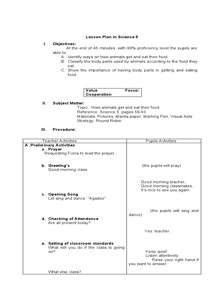 Lesson Plan in Science 5 I. Objectives | PDF | Claw | Lesson Plan