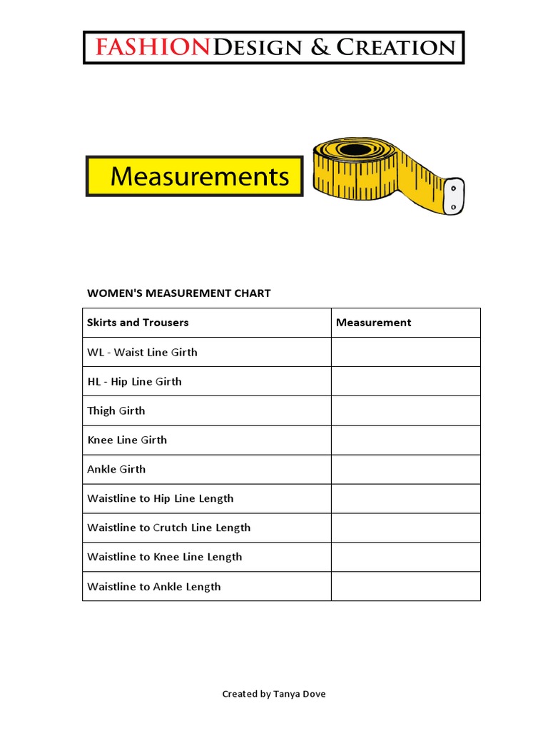 Women'S Measurement Chart Skirts and Trousers Measurement | PDF