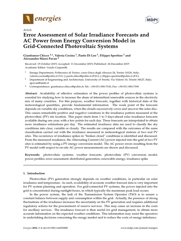Error Assessment of Solar Irradiance Forecasts and AC Power From Energy ...