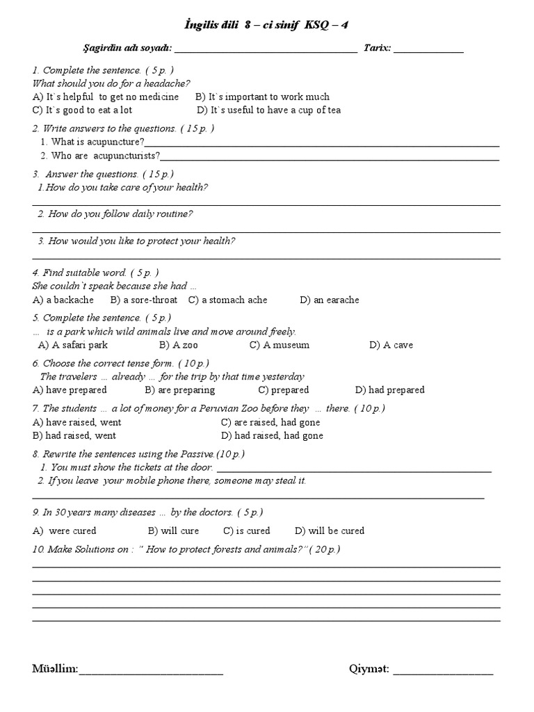 8th Grade English KSQ 4 Exam | PDF | Medicine