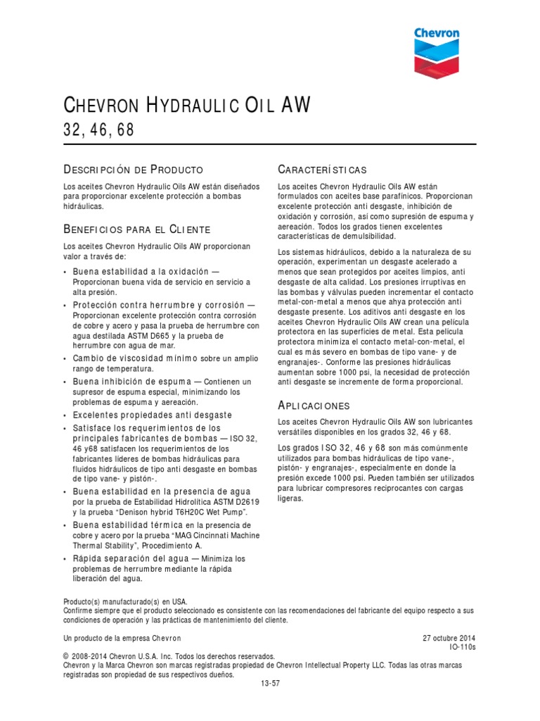 Chevron Hydraulic Oil Aw Iso 68 PDF Corrosión Acero