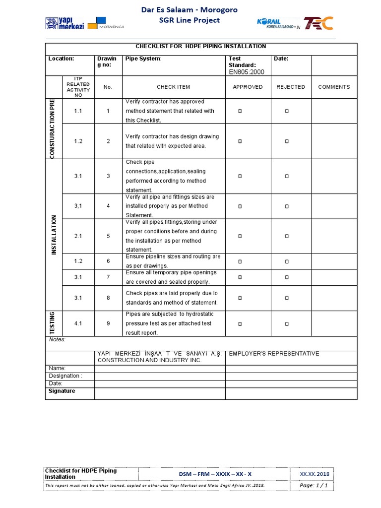 HDPE Piping Installation Checklist | PDF | Pipe (Fluid Conveyance ...