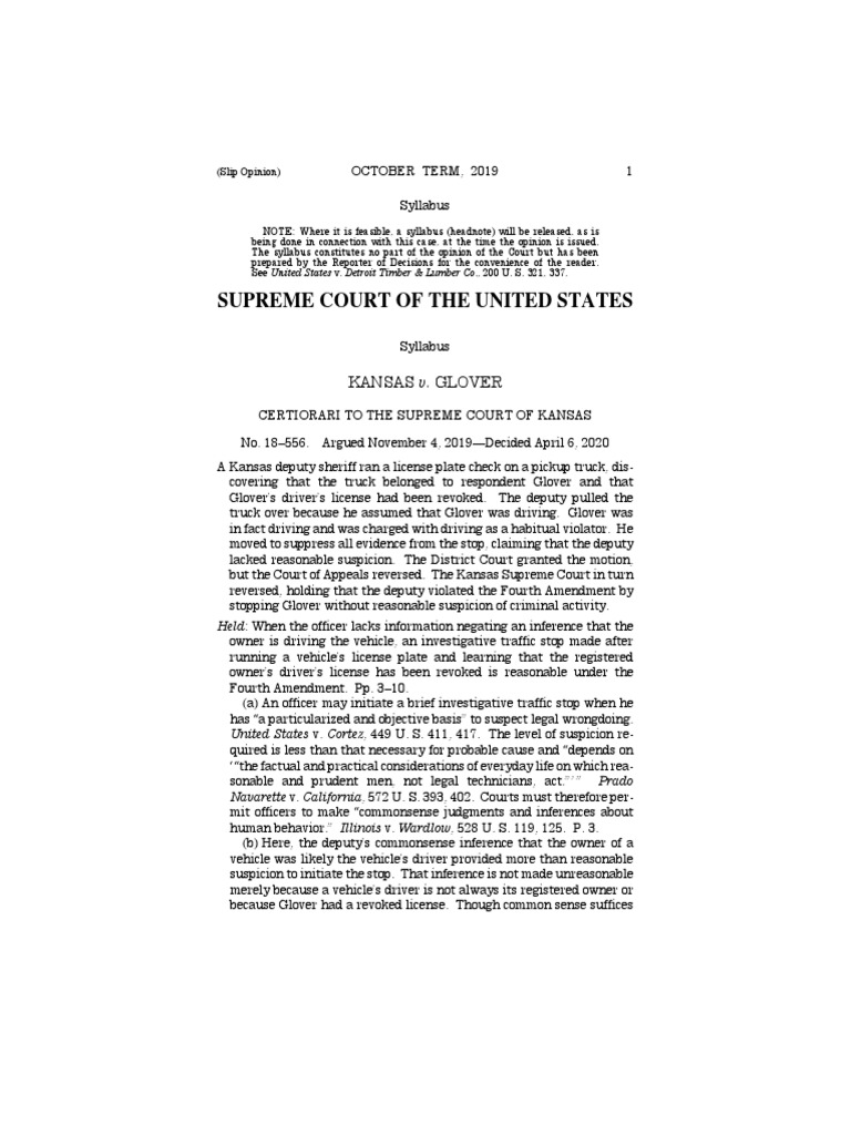 SCOTUS Kansas v. Glover PDF Fourth Amendment To The United States