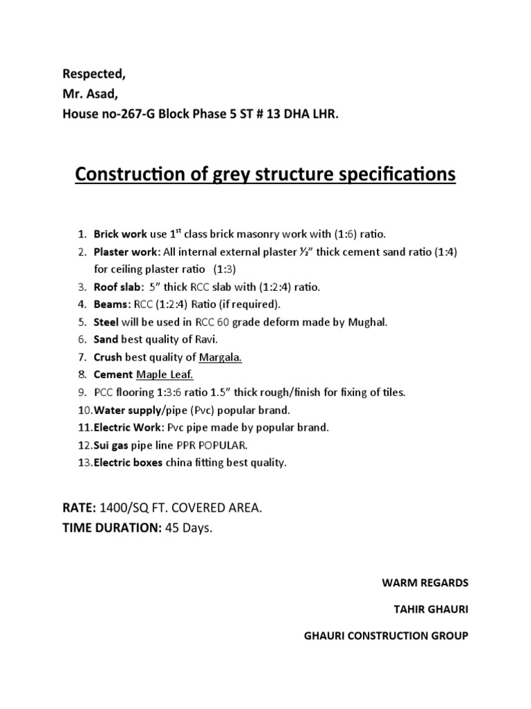 Construction of Grey Structure Specifications: Respected, Mr. Asad ...
