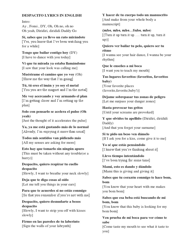 Despacito Lyrics In English And Spanish Luis Fonsi Ft Daddy