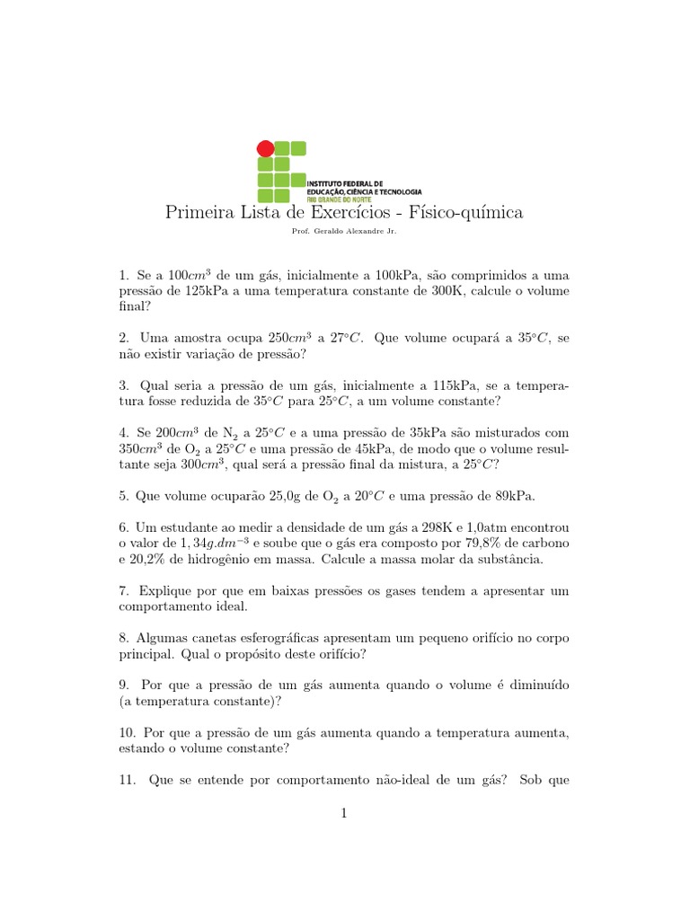 LISTA DE EXERCICIOS GASES Físico Quimica | PDF | Gases | Pressão